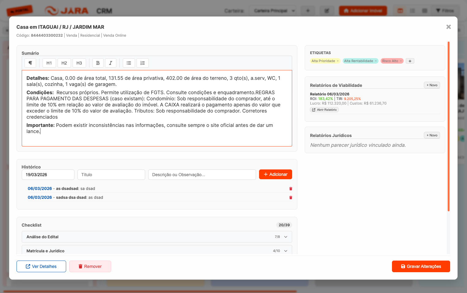 Checklist e Histórico